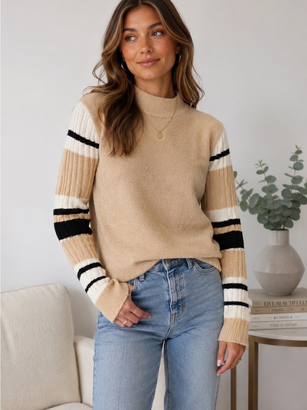 St. John Sweater Women’s XS P Santana Knit Top Beige Stripe Gold Black E